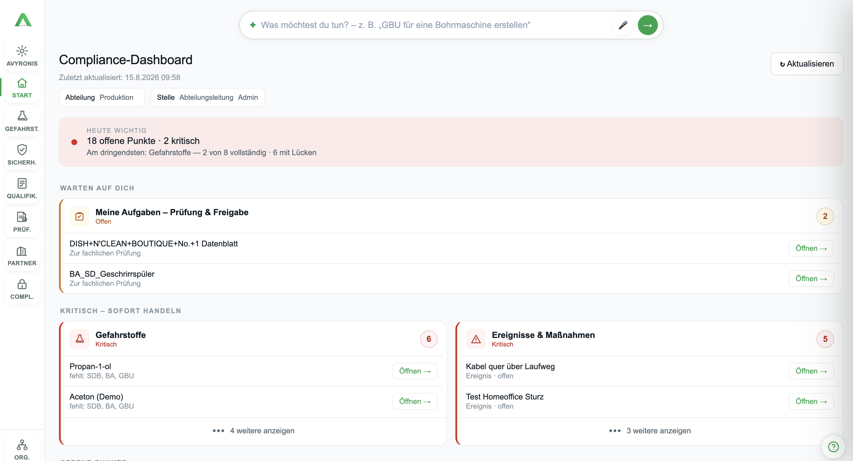 Aktuelles Avyronis Compliance-Dashboard mit offenen Aufgaben, kritischen Gefahrstoffthemen sowie Ereignissen und Maßnahmen