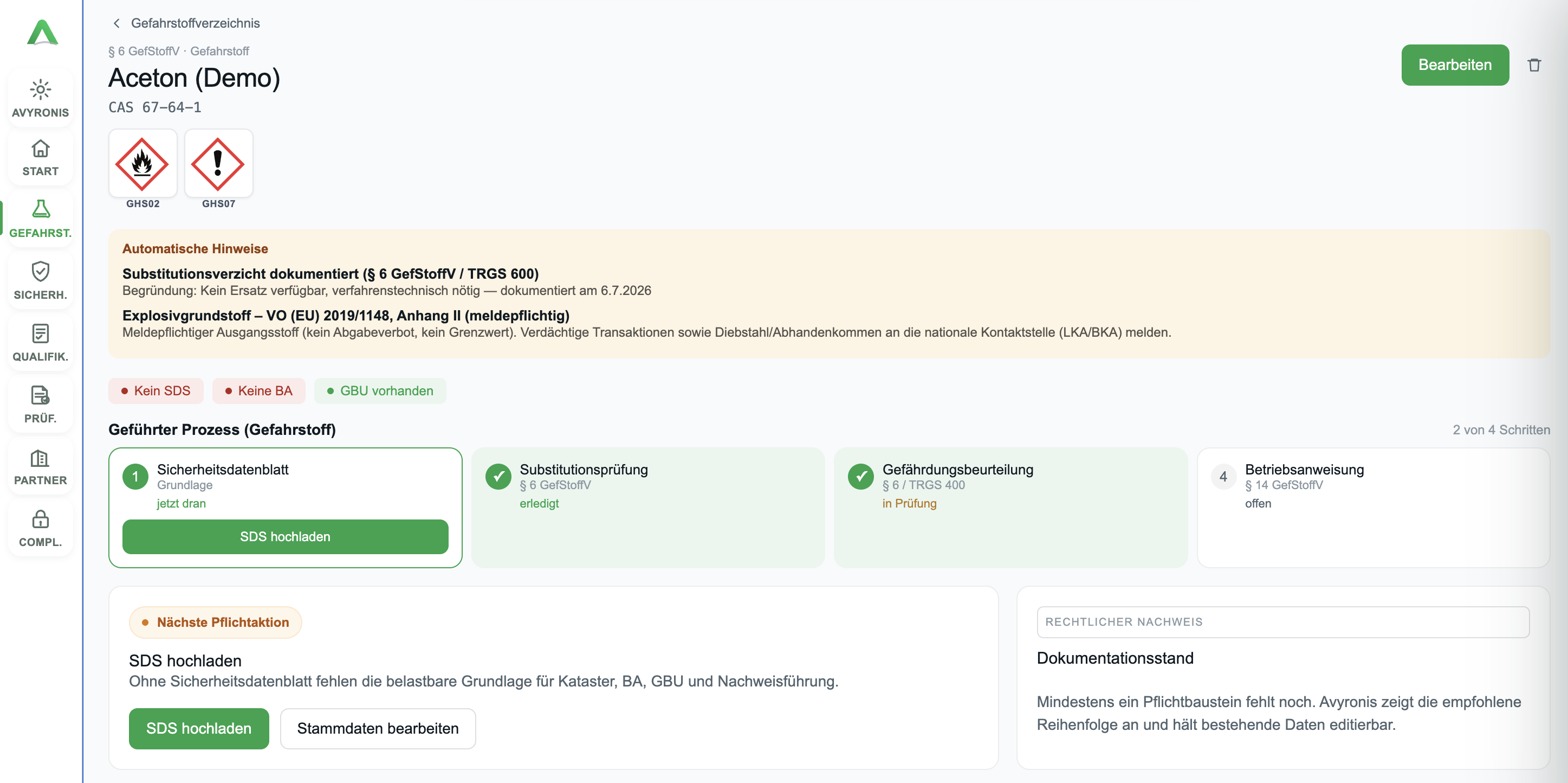 Avyronis Gefahrstoffansicht mit Sicherheitsdatenblatt, Substitutionsprüfung, Gefährdungsbeurteilung und Betriebsanweisung